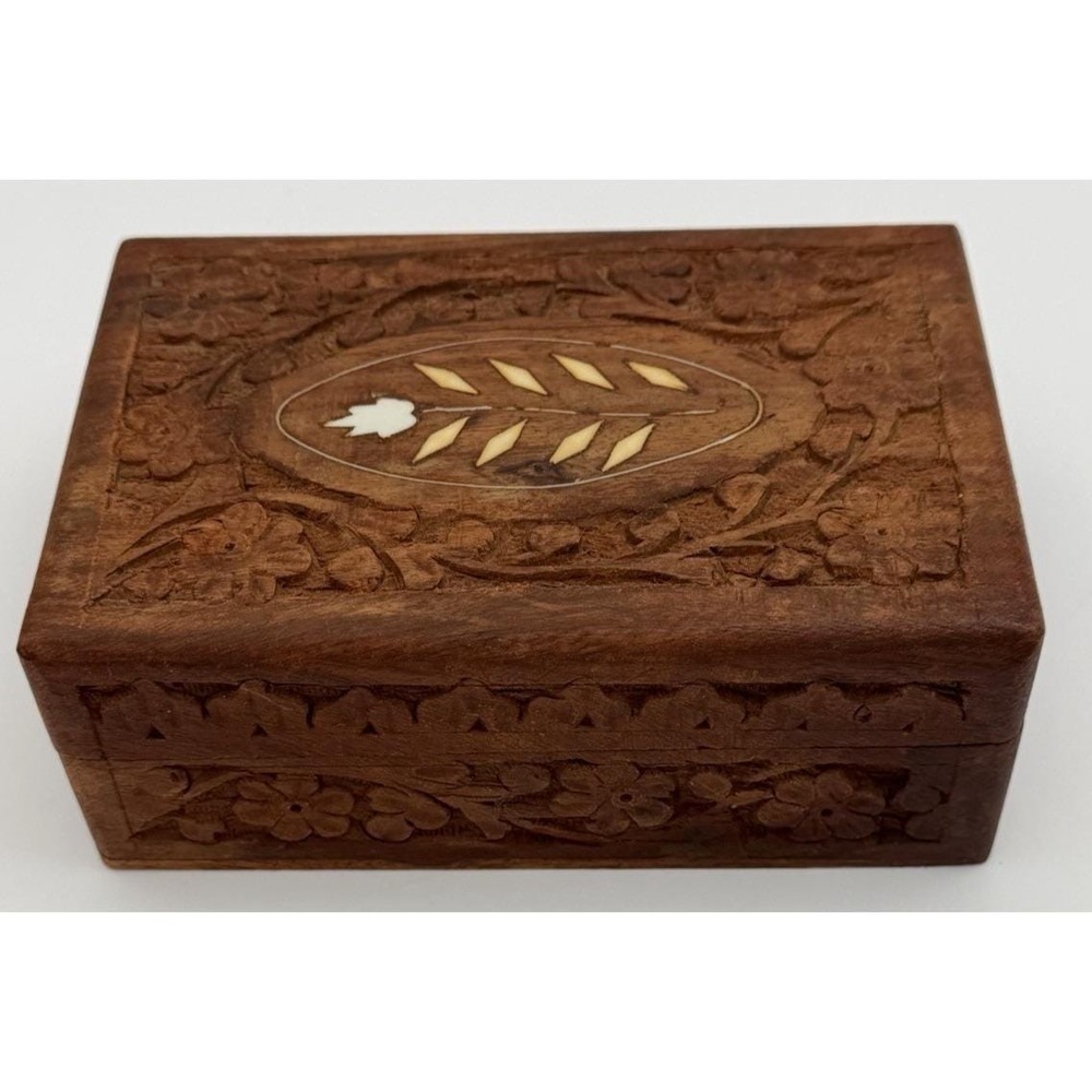 Hand Carved Wooden Jewelry Box Floral Inlay Trinket India Vintage *Broken Hinge*